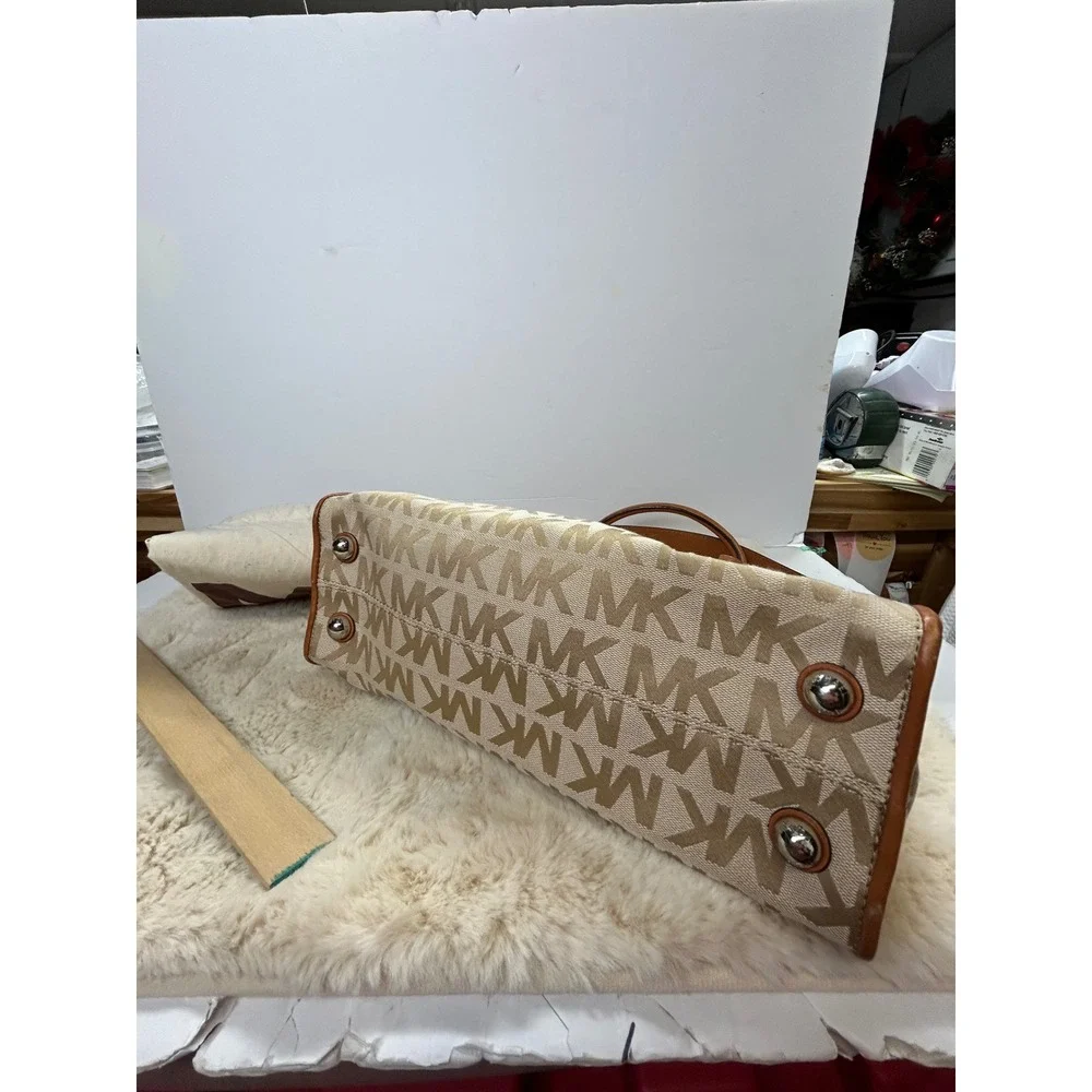 Michael Kors Hamilton Satchel Monogram Canvas Tan Leather Crossbody Bag Dust Bag
